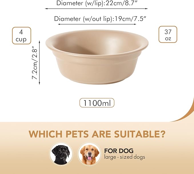 Ceramic 8.7inch Dog Bowl for Large Dogs, Basic 4 Cup Food or 37oz Water Bowl for Replacement, Wide Opening Rounded Edge(Single Bowls, Oat Beige)