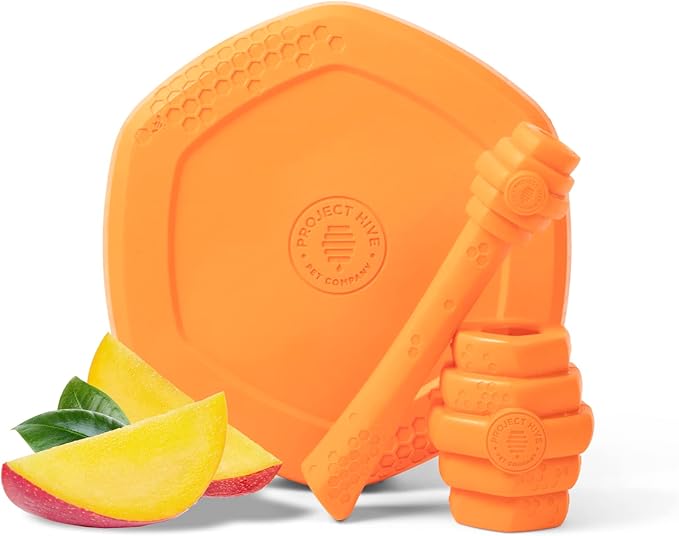 PROJECT HIVE ·PET COMPANY· - Sweet Mango Scented - Hive Frisbee Disc for Dogs - Great for Fetch - Includes a Lick mat on Back - Floats in Water, Smooth Glide - Made in The USA