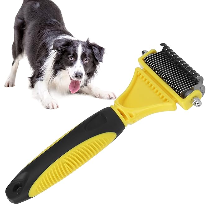 Pet Undercoat Rake, Stainless Steel Dematting Comb for Dogs and Cats, 2 Sided Grooming Tool with Round Teeth, Removes Knots and Loose Hair, Professional Pet Grooming