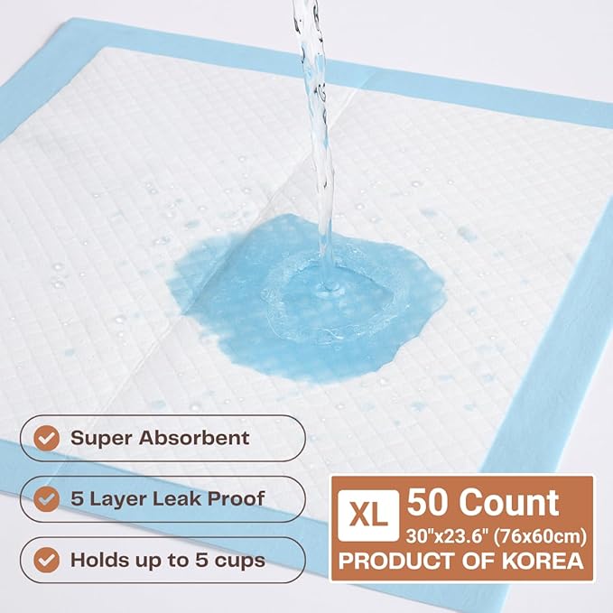50 Count (30" x 23.6") Dog Pads with 5-Layer Leak Proof, Super Absorbent, Quick Dry Top Sheet, Extra Large Pee Pads for Puppies, Adult Dogs, Potty Training and Indoor Use