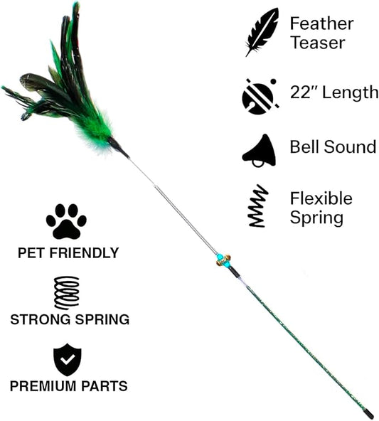 Paws Power Cat Wand Toy Feather Sticks - Interactive Wands Toy Set with Feathers, Durable Spring Design - Perfect for Engaging Playtime Fun for Kittens and Cats - Cat Toys for Indoor Cats (4 Pcs)