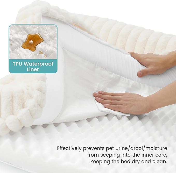Cute Dog Bed, Faux Rabbit Fur Orthopedic Foam Dog Bed with Sides, Removable Washable Cover & Waterproof Lining, Comfortable Pet Couch for Extra Large Dogs, Cream (48" L x 35" W x 7.5" Th)