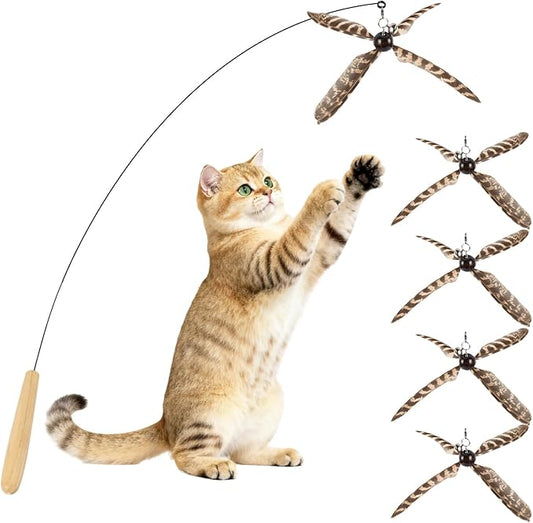 ottmat Cat Wand Toys Interactive for Indoor Cats, 4PC 4-Blade Feather Propeller Refills, 1PC Cat Wand 30'' Flexible Steel Wire Cat Teaser with Sturdy Wood Handle for Kittens & Adult Cats(Wild)