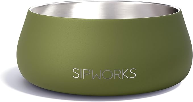 Sipworks Stainless Steel Dog Bowl – 32oz Weighted Metal Food and Water Bowls for Dogs and Cats with Non-Slip Base - Pet Bowls for All Breeds Sizes for Travel & Outdoor Play | OIive