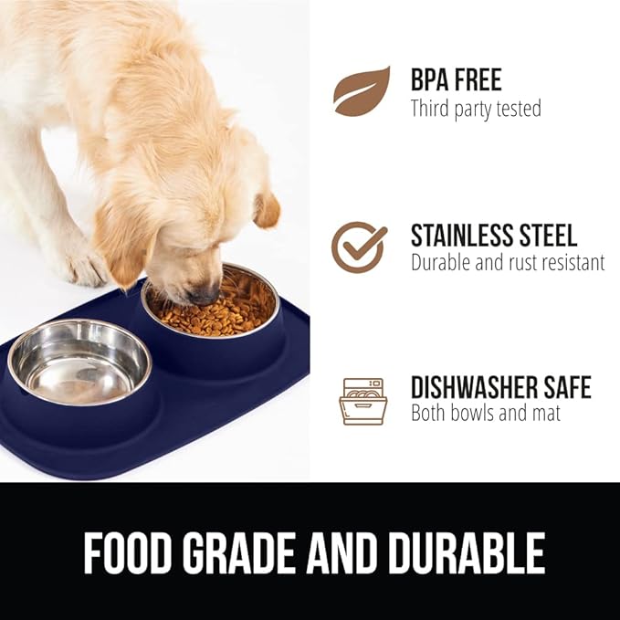 GORILLA GRIP Feeding Mat Set, Patent Pending 100% Waterproof BPA Free Silicone, Stainless Steel Cat and Dog Bowls, Slip Resistant, Edges Catch Water, Food, US Designed Pet Accessories, 1 Cup Navy Blue