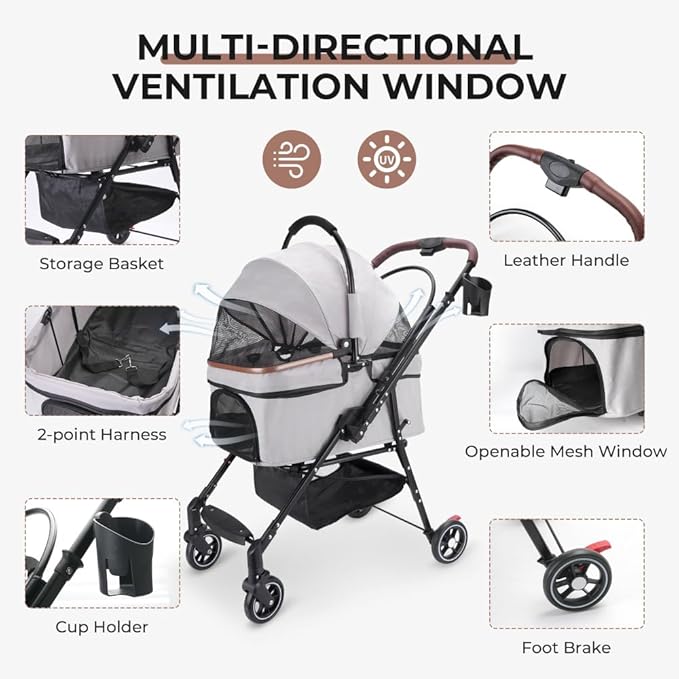 4-Wheel Foldable Pet Stroller for Small Dogs & Cats 360° Rotating Wheels, Separable Carrier & Travel Bag Safety Brake & Suspension System