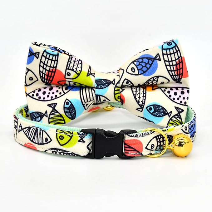 Breakaway Cat Collar Bowtie Bell, Line Fish, Wedding/Birthday Gift for Kitten