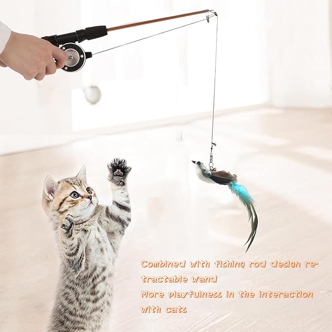 Trumoon Retractable Cat Teaser Wand Toy, Cat Toys for Indoor Outdoor Cats Interactive Fishing Rod with 4 PCS Refills Feather Toy, Interactive Bird Toys for Indoor Kittens