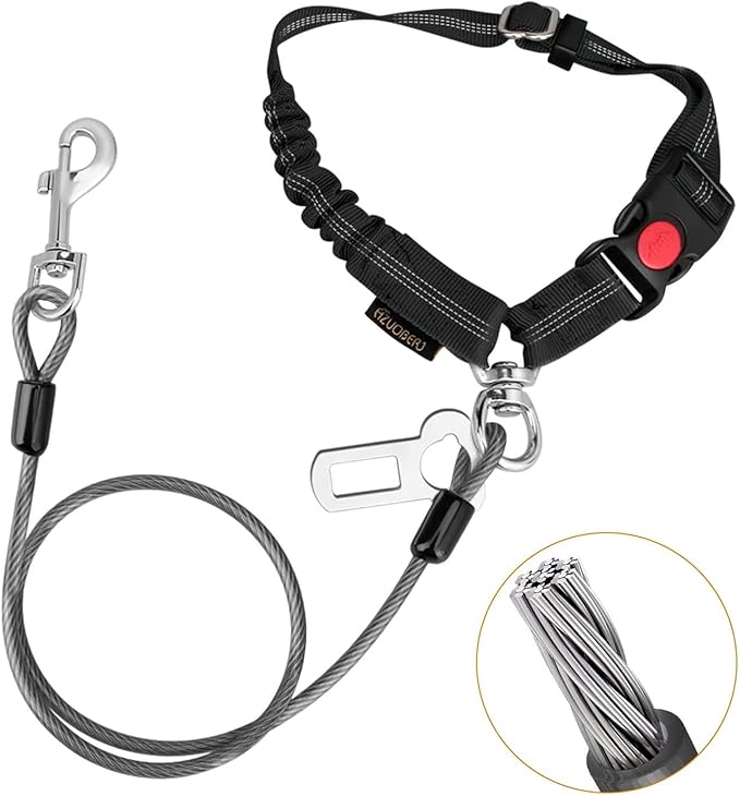 Chew Proof Dog Car Seat Belt, 2 in 1 Steel Cable Dog Car Accessories Headrest Restraint Dogs Car Seatbelt for Medium Large Dogs Chewer Heavy Duty Dog Seatbelts for Cars Swivel Attach