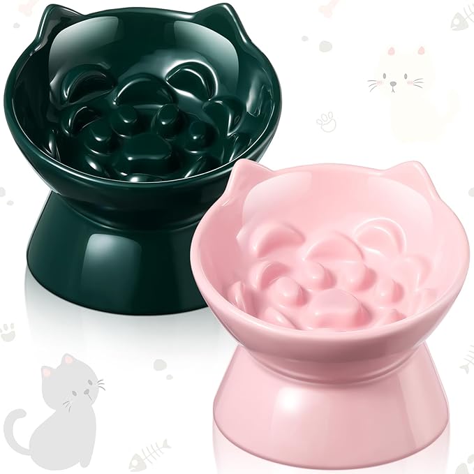 2 Pcs Ceramic Elevated Slow Feeder Cat Bowl Cute Tilted Anti Vomiting Raised Cat Bowl for Dry Wet Food and Water Easy to Clean High Edge Pet for Small Dogs(Dark Green, Pink)