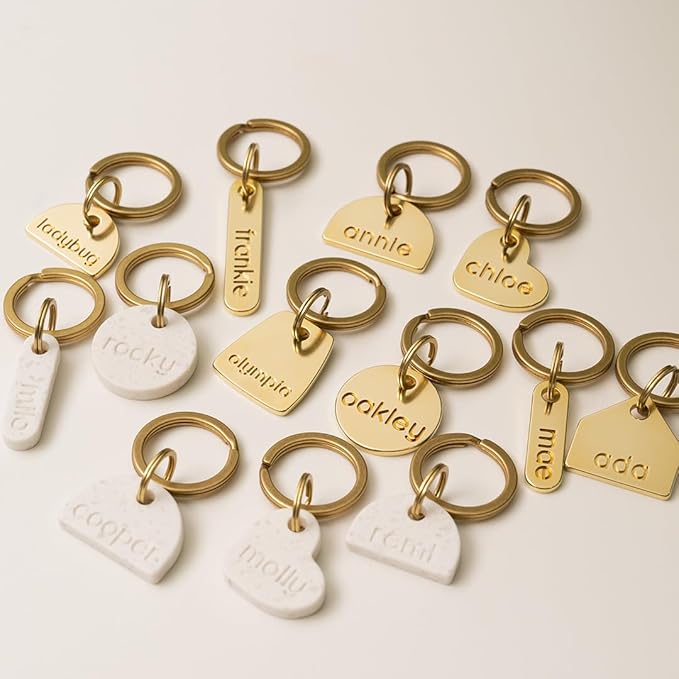 Solid Brass PET TAG - Modern, Minimal Pet IDs. Durable, Lifetime Tags with deep Cut Text. Includes Space for Two Phone Numbers. (Short)