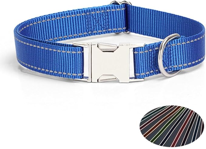 Reflective Dog Collar with Metal Buckle, Heavy Duty Nylon Dog Collars with Metal Quick Release Buckle and D Ring Adjustable for Small Medium Large Dogs or Cats Night Walking (Blue, Large)