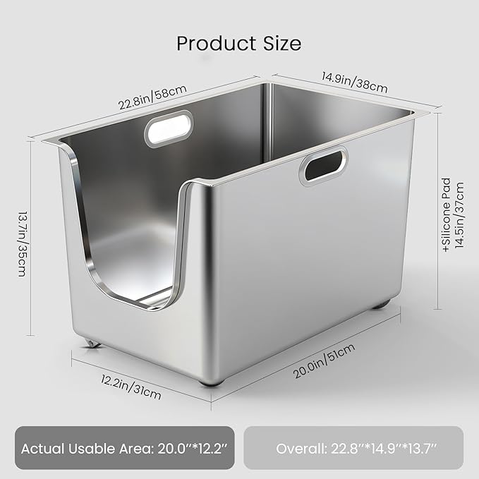 Stainless Steel Litter Box 13.6'' High Sides, XL Metal Cat Litter Box with Curved Low Entry, Cat Litter Pan for Big & Multiple Cats, Pet Toliet with Handy Wheels for Easy Moving