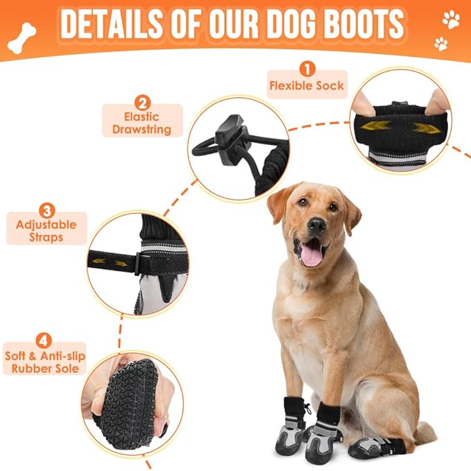 Lukovee Dog Shoes - Waterproof Warm Fleece Lined Dog Booties for Small Medium Large Dogs, Non-Slip Adjustable Dog Boot for Winter Cold Weather (GY,Size 8)