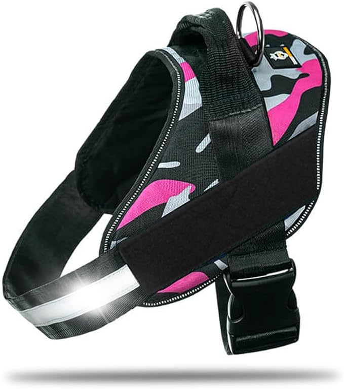 Non Pull Dog Harness with Patch Panels and Handle, Adjustable, Reflective, No Choke, Heavy Duty Easy On Service Dog Vest Harnesses for Medium Large Small Sized Dogs - Camouflage Pink, S