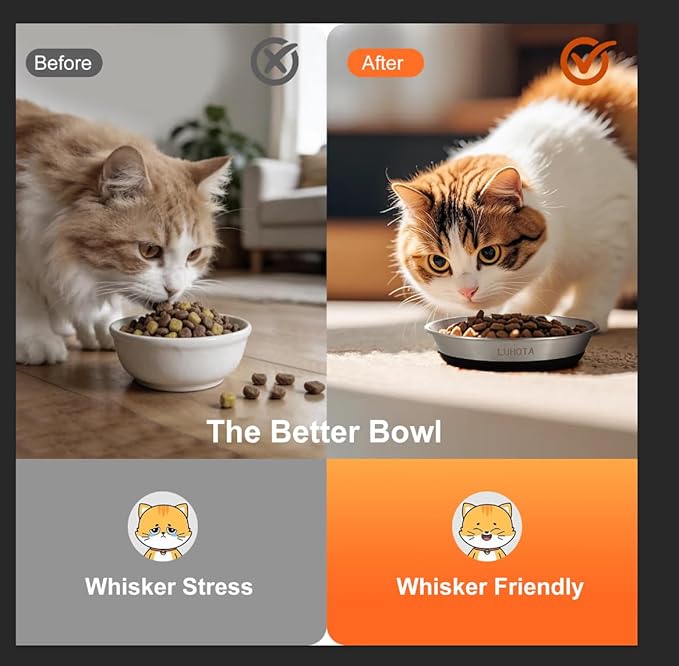 Cat Bowls, 2 Pcs 304 Stainless Steel Cat Bowls for Food and Water with Whisker-Friendly Shallow Design and Non-Slip Silicone Base, Perfect for Cats & Small Dogs