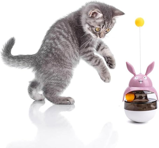 Wagably Cat Treat Puzzle Toy, Auto-Balancing Pet Food Dispenser - Brain Stimulating - Slow Feeder - Boredom Relief Kitten Toys, Interactive Training, Toy for Indoor Bored Cats (Pink, Rabbit)