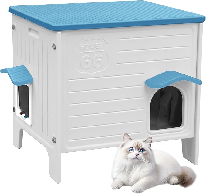 Deblue Outdoor Cat House Weatherpoof Large Plastic Cats Houses with Escape Door Indoor Waterproof Feral/Pet Cat Shelter Outside for Multiple Cats (Blue)