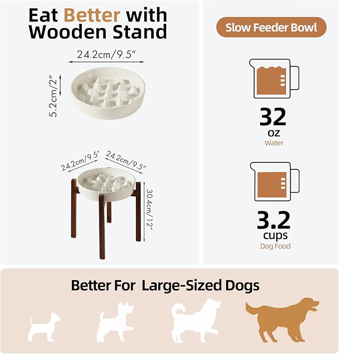 3.2 Cup Ceramic Dog Raised Slow Feeder Set, Elevated Bowl with Wooden Stand for Large Dog, 9.5inch Slow Feeder Dish for Fast Easters(1 Bowl & Stand, Vanilla White)