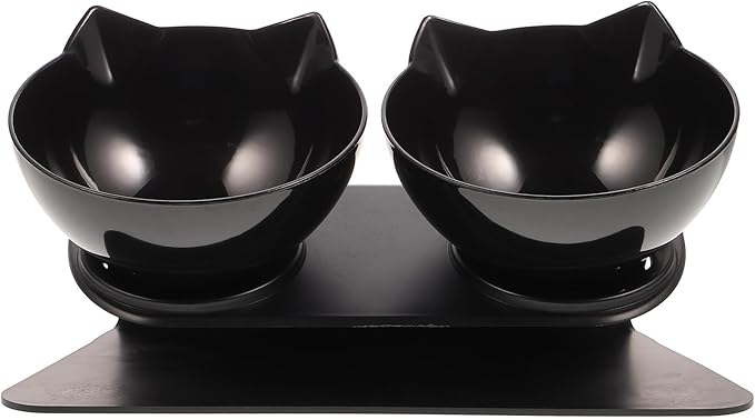 BESPORTBLE Double Raised Dog Feeder Bowl with 15° Neck Guard, Black Plastic Dual Pet Feeding Bowls for Cats and Dogs, Elevated Water and Food Dish for Home Use