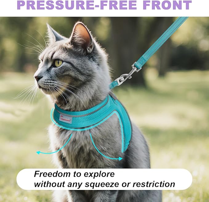 Cat Harness and Leash Set,Escape Proof Kitten Harness,Step in Adjustable Soft Lightweight,Easy Control,Reflective Strips Comfortable for Walking Travel(Ocean Blue,S)