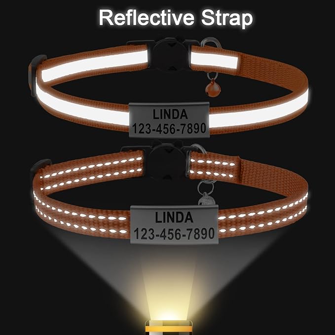 Cat Collar Personalized - Breakaway Reflective Cat Collar with Bell-Custom Cat Collars Engraved with Name and Phone, Adjustable for Cats and Kitten
