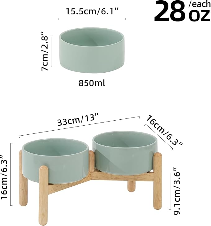 Ceramic 6.1inch Raised Dog Bowl with Stand for Small and Medium Breed Dog Dish Pet Food and Water Bowl (Double Bowl with Stand - Light Green, 28oz)