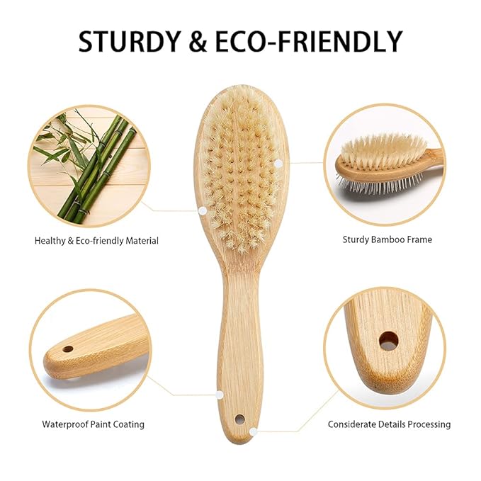 Pet Hair Brush, Double Sided Bristle and Pin Brush for Dog Grooming, Real Boar Bristle Shedding Brush with Bamboo Handle, 1 Pack, White, Oval, Detangle, All Hair Types, Hair Brush