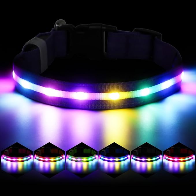Fiveda Light Up Dog Collar, USB Rechargeable 6 Modes, Waterproof Charging Port, Long Lasting LED Collar - Adjustable Nylon Reflective for Dogs, Sizes S/M/L (7/9/11 Lights) - Purple, S