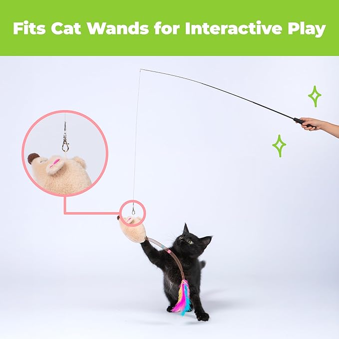 Catify Best Pet Supplies Interactive Squeak Mice – Tap-Activated Realistic Mouse Cat Toy, Catnip-Infused, Elastic Mesh & Feathered Tail with Realistic Squeaks for Indoor Cats & Kittens - Beige & Gray
