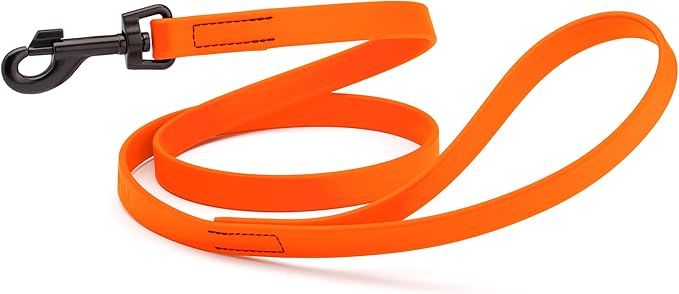 Dogline Biothane Waterproof Dog Leash Strong Coated Nylon Webbing with Black Hardware Odor-Proof Easy to Clean High Performance for Small or Large Dogs Made in USA 4 or 6 ft Lead, Hunter Orange