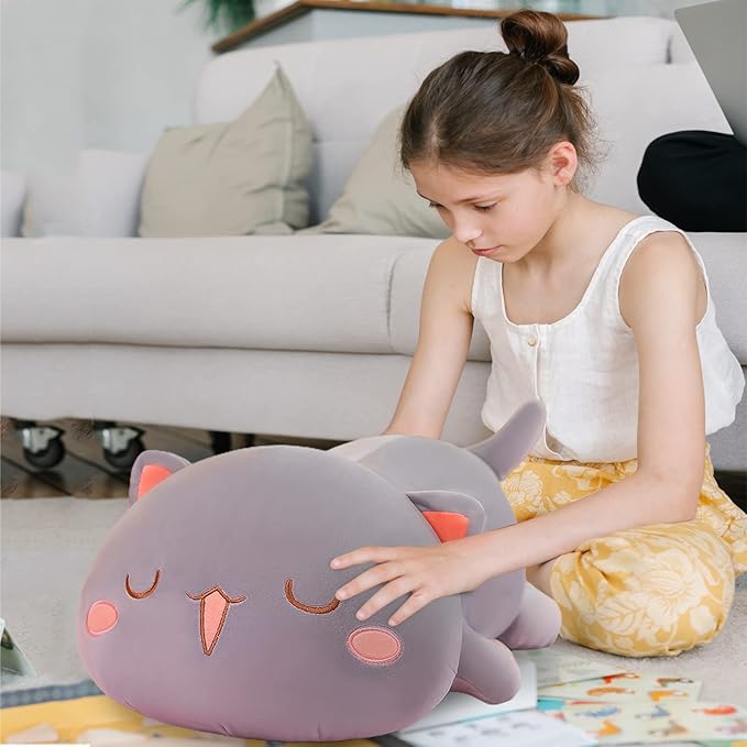 FUYU Cat Stuffed Animals, Soft Cat Plush Pillow Kawaii Kitten Stuffed Animal Toy Gifts for Kids Boys Girls Room Decor (Gray Squinted,35in/87)