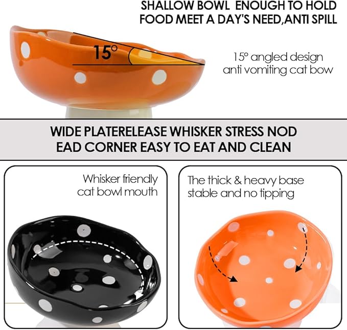 Ceramic Elevated Cat Bowls, Tilted Raised Pet Dish Anti Vomit Kitten Bowl for Indoor Cats, Whisker Friendly Pet Food and Water Bowl for Kitten, Cat, Puppies, Dishwasher Safe (Red+Orange)