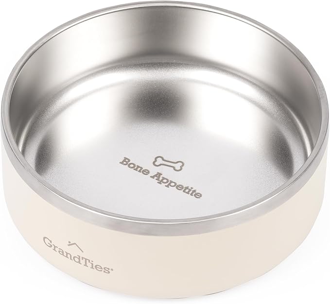 GrandTies Stainless Steel Engraved Pet Bowl | Reusable BPA-Free Insulated Pet Bowls | Large Heavy Duty Non Skid Spill Proof Dog Bowl | Outdoor Dog Water Bowl (24oz, Ivory White)