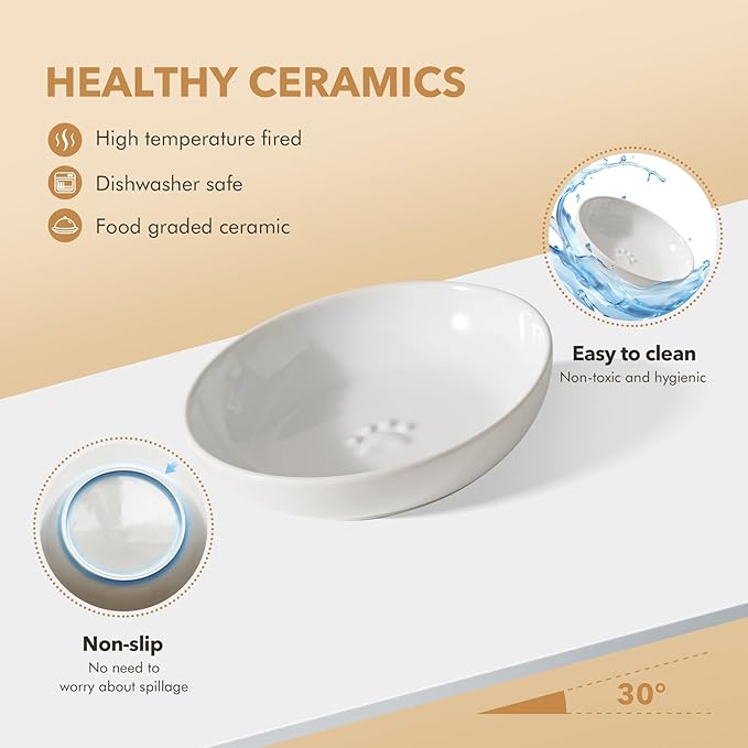 Ceramic Wide Whisker Friendly Cat Dishes, Set of 3 Ceramic Cat Bowls with Paw Print, Anti-Slip Indoor Kitten Feeding Food& Water Dish to Prevent Whisker Fatigue(3 Pcs, White)