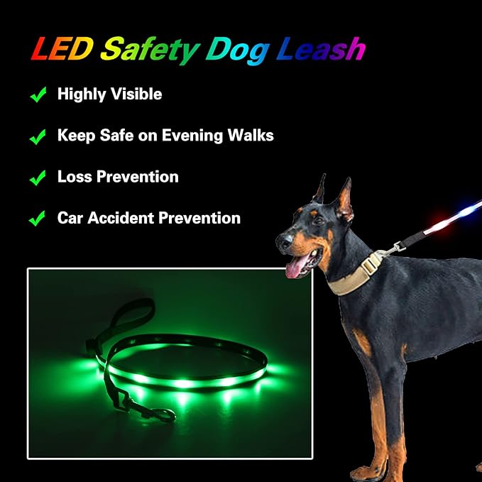USB Rechargeable LED Dog Leash - 7 Colors & Color Cycling Mode, Light Up Dog Leash for Night Walking, Heavy Duty Padded Handle, 6FT for Small Medium Large Dogs