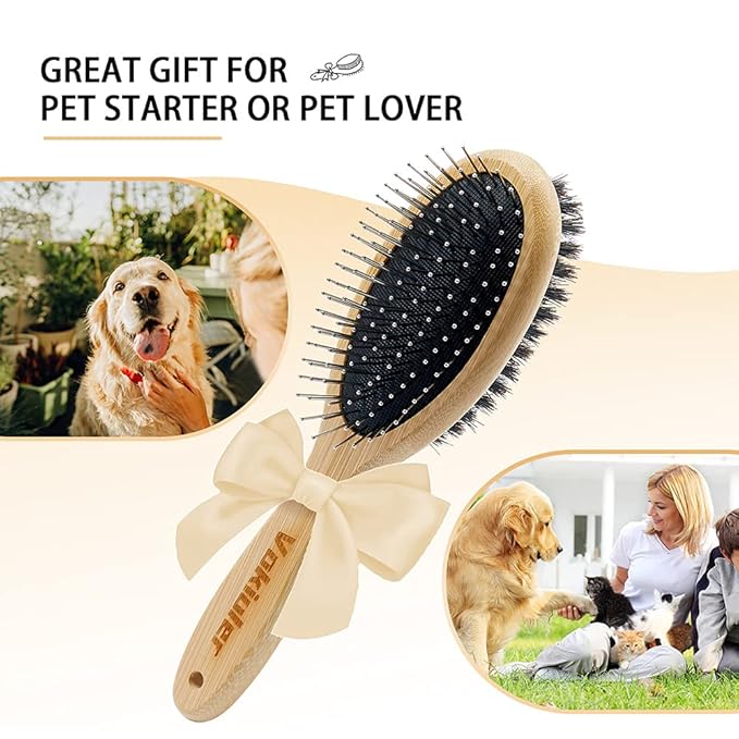 Double-Sided Pet Grooming Brush - Boar Bristle and Pin Brush for Long/Short Hair Dogs and Cats, Bamboo Handle, 1 Pack