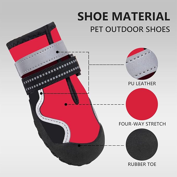 Dog Shoes Small Medium Large Size Dogs, Puppy Booties Paw Protector for Hot Pavement, Non-Slip Waterproof Rubber Reflective Strapped Boots (Red, Size 5#: (2.8 * 2.4) (L*W) for 40-55lbs)