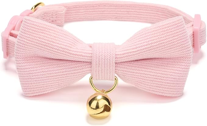 2 Pack Soft Corduroy Cat Collars with Bow Tie & Bell, Adjustable Breakaway Cotton Kitty Bowtie Collar for Female Male Cats(Grass Green & Pink)