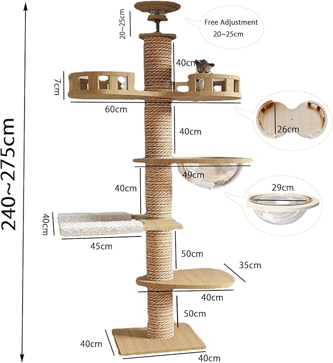Floor to Ceiling cat Tree - Adjustable Height (95-98in,104.3-108.2in)- with Width 4.33 in Scratching Post,Cat Hammock,Fully Wrapped with sisal Rope - Heavy Duty cat Tree.(Holds 110 lbs)