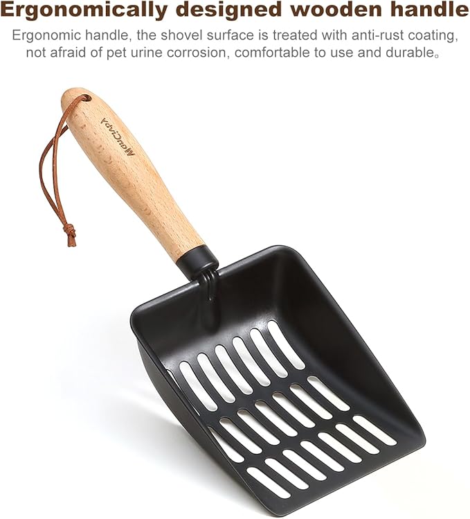 Premium Cat Litter Scoop with Ergonomic Beech Wood Handle, 4.88'' Wide-Deep Stainless Steel Sifter, Easy to Clean, Durable & Odor-Free（Short Handle）