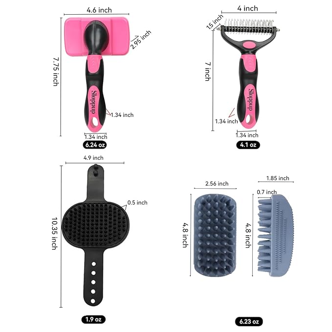 Dog Brush Kit for Grooming Short & Long Haired Dogs & Cats, 4-in-1 Pet Grooming Set with Self-Cleaning Slicker Brush, Deshedding Tool, Shampoo Bath Comb, Massge Comb (Pink Black)
