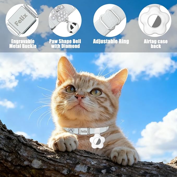 Personalized Safety Elastic Cat Collars with Bell Soft Silicone Cover for Air Tag,Laser Customized Stretch Kitten Collars for Girls Boys Cats (White)
