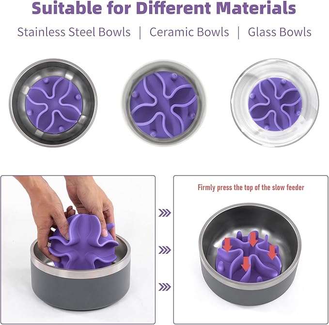 Jaoul Slow Feeder Dog Bowls Insert, Puzzle Slow Feeder Insert with 30 Octopus Suction Cups for Small Medium Large Size Dog Food Bowl (4.72 inch, Purple)