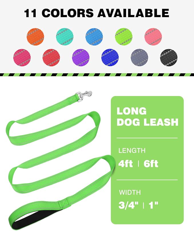 Erbine 4FT Reflective Nylon Dog Leash with Soft Padded Handle for Walking, Running and Training, Supports Small Medium and Large Dogs (Green, 3/4 Inch Wide)