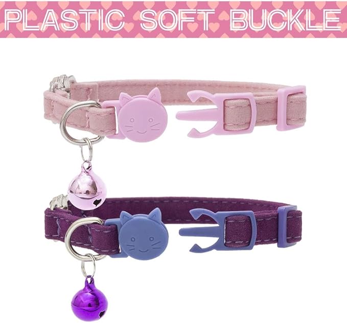 BINGPET Cat Collar Breakaway with Bell, Pack of 2 Heart Bling Collar Safety with Soft Velvet Adjustable for Kittens