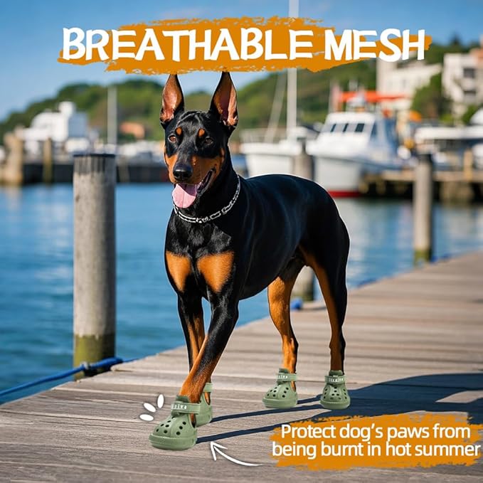 JZXOIVA Dog Shoes for Hot Pavement, Dog Booties for Large Dogs, Breathable Dog Boots & Paw Protectors, Adjustable Non-Slip Rain Booties, Waterproof Pets Sandals for Beach Green Size 8