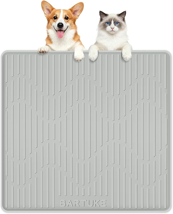 Bartuke Silicone Cat & Dog Food Mat, 27" x 27" Large Pet Feeding Mat for Cats and Dogs Bowl, Pet Placemat for Food and Water with Raised Edge, Waterproof, Leakproof (Grey)