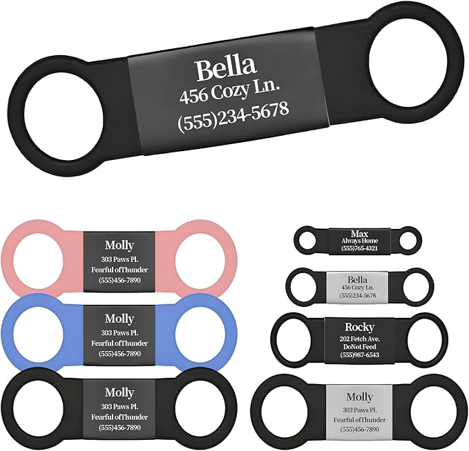 Silent Pet ID Tag - Personalized Engraved Slide-On Dog & Cat Name Tags, Quiet No-Jingle Stainless Steel Collar Tag with Laser Engraving (Metal Black+Black, M(for 0.59" Wide Collar))
