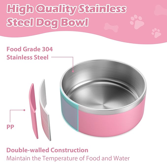 LIANLAI Stainless Steel Dog Bowls, Rust-Resistant Pet Bowls, Non Slip Dog Water Bowl, Versatile Feeding Bowls(Pink，64 oz)